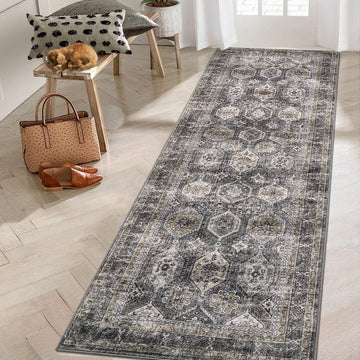 Garvee Persian Blue-Grey 2x6 Washable Runner Rug, Runner Vintage Rug Non Slip Kitchen Rugs Floral Distressed Indoor Entryway Rug Soft Bath Mat Stain Resistant Carpet for Hallway Laundry Bedroom