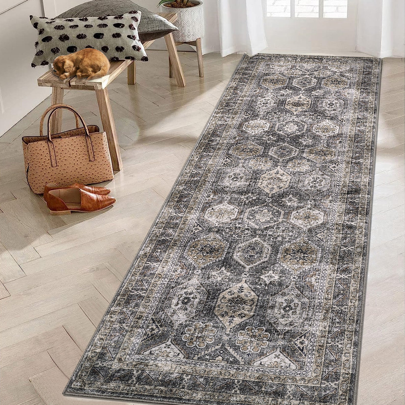 Garvee Persian Blue-Grey 2x6 Washable Runner Rug, Runner Vintage Rug Non Slip Kitchen Rugs Floral Distressed Indoor Entryway Rug Soft Bath Mat Stain Resistant Carpet for Hallway Laundry Bedroom