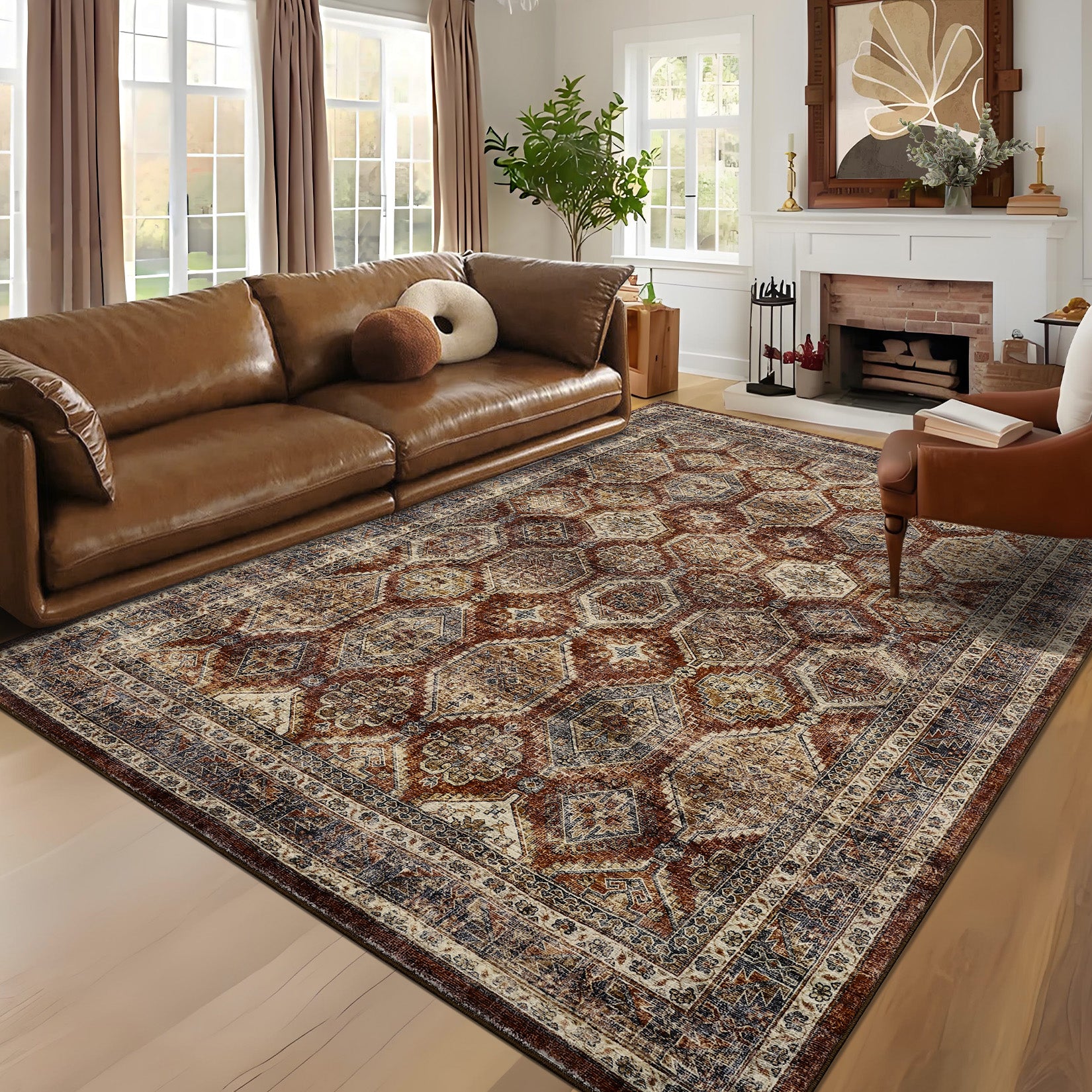 Garvee Persian Brown-Red 5x7 Washable Rugs, for Living Room Vintage Rug Non Slip Large Bedroom Rug Retro Oriental Rug Soft Faux Wool Low Pile Stain Resistant Carpet for Office Nursery Dining Room
