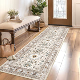 Garvee 2x6 Washable Vintage Runner Rug – Beige Distressed Floral Farmhouse Carpet, Non-Slip Low Pile Rug for Hallway, Entryway, Kitchen & Laundry - Beige