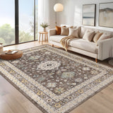 Garvee Vintage Area Rug 5x7 Washable Farmhouse Floral Print Throw Rug, Non-Slip Distressed Indoor Carpet, Stain-Resistant Low Pile Accent Rug for Living Room, Bedroom, Brown - Brown