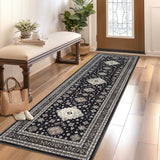 Garvee Vintage Runner Rug 2x6 Washable Farmhouse Floral Print Carpet Runner, Non-Slip Distressed Hallway Rug, Stain-Resistant Low Pile Area Rug for Entryway, Kitchen, Laundry, Black - Black