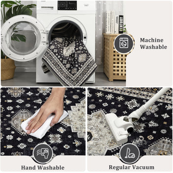 Garvee Vintage Runner Rug 2x6 Washable Farmhouse Floral Print Carpet Runner, Non-Slip Distressed Hallway Rug, Stain-Resistant Low Pile Area Rug for Entryway, Kitchen, Laundry, Black