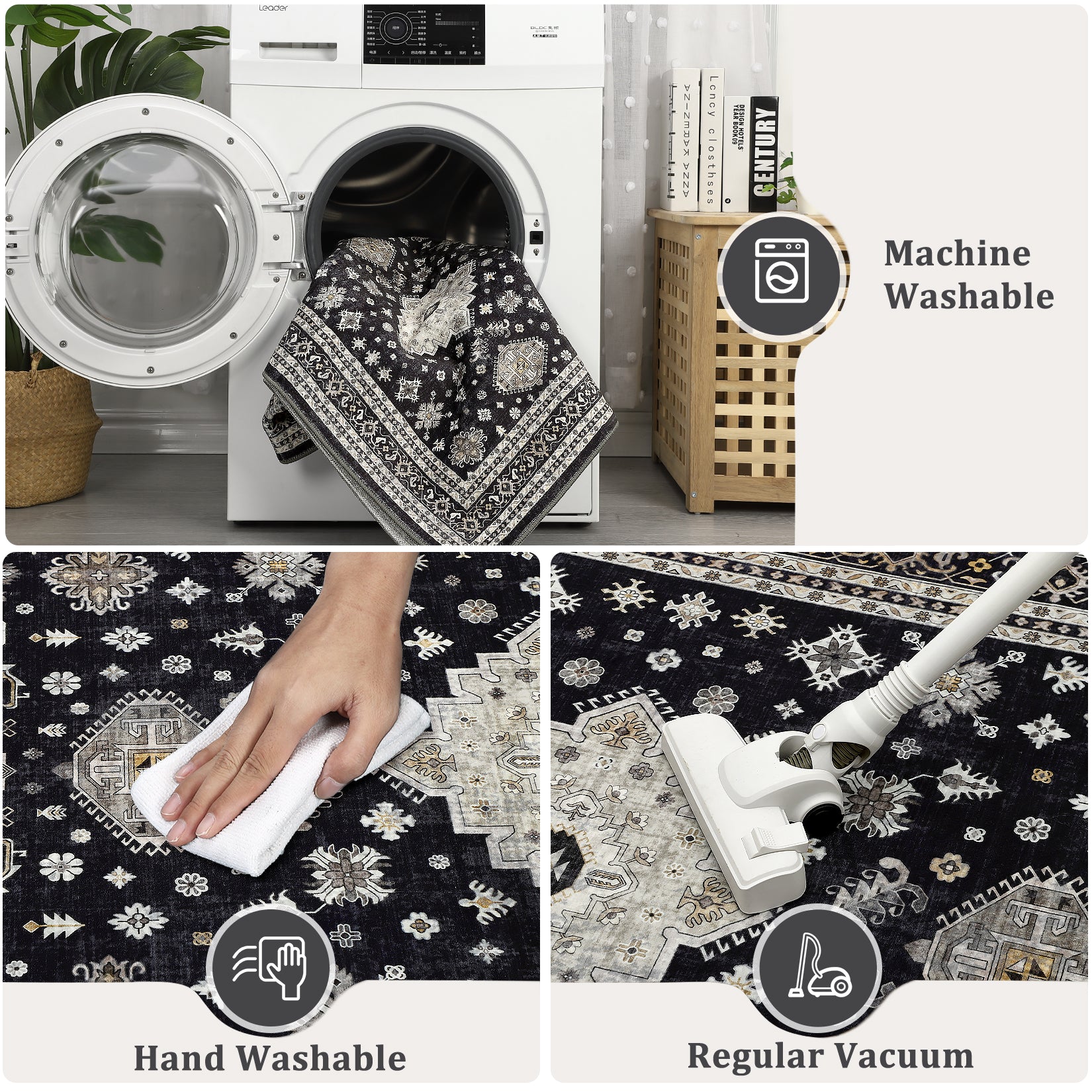 Garvee Vintage Runner Rug 2x6 Washable Farmhouse Floral Print Carpet Runner, Non-Slip Distressed Hallway Rug, Stain-Resistant Low Pile Area Rug for Entryway, Kitchen, Laundry, Black