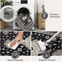 Garvee Vintage Runner Rug 2x6 Washable Farmhouse Floral Print Carpet Runner, Non-Slip Distressed Hallway Rug, Stain-Resistant Low Pile Area Rug for Entryway, Kitchen, Laundry, Black