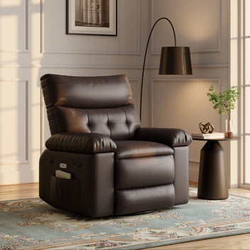 Garvee Oversized 27" Width PU Leather Recliner Chair, 360° Swivel Rocker, Heat & Massage, Manual Reclining, Remote Control, Collapsible Armrests, Lounge for Living Room, Bedroom, Nursery