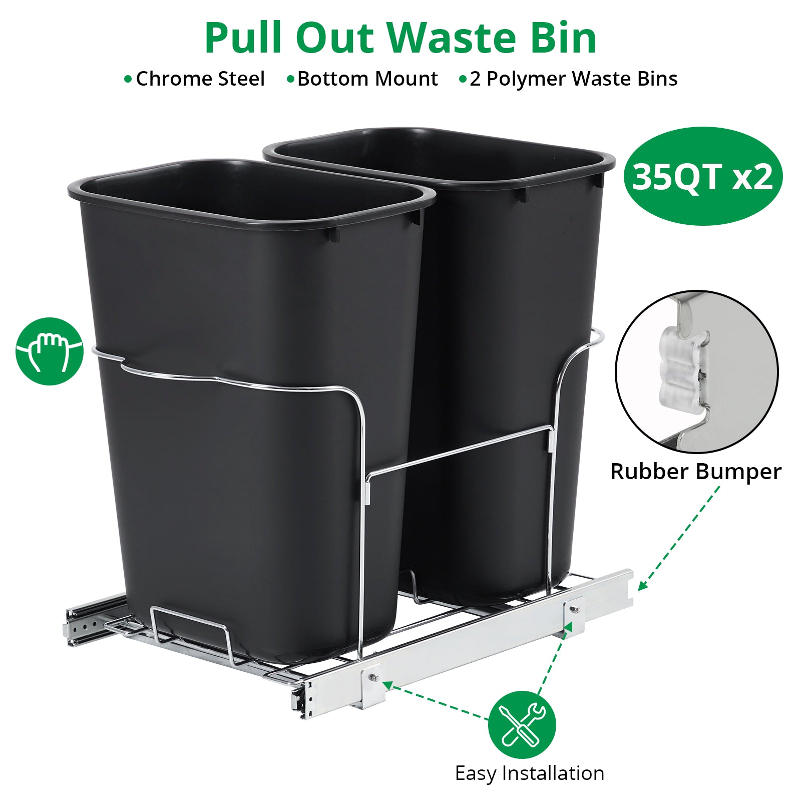 Garvee 2×35QT Garbage Waste Recyling Bin with Full Extension Slides, Space-Saving Design, Eco-Friendly Waste Management, Multi-Purpose Bins, Pullout Trash Can for Under Kitchen Cabinets, Black