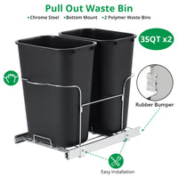 Garvee 2×35QT Garbage Waste Recyling Bin with Full Extension Slides, Space-Saving Design, Eco-Friendly Waste Management, Multi-Purpose Bins, Pullout Trash Can for Under Kitchen Cabinets, Black