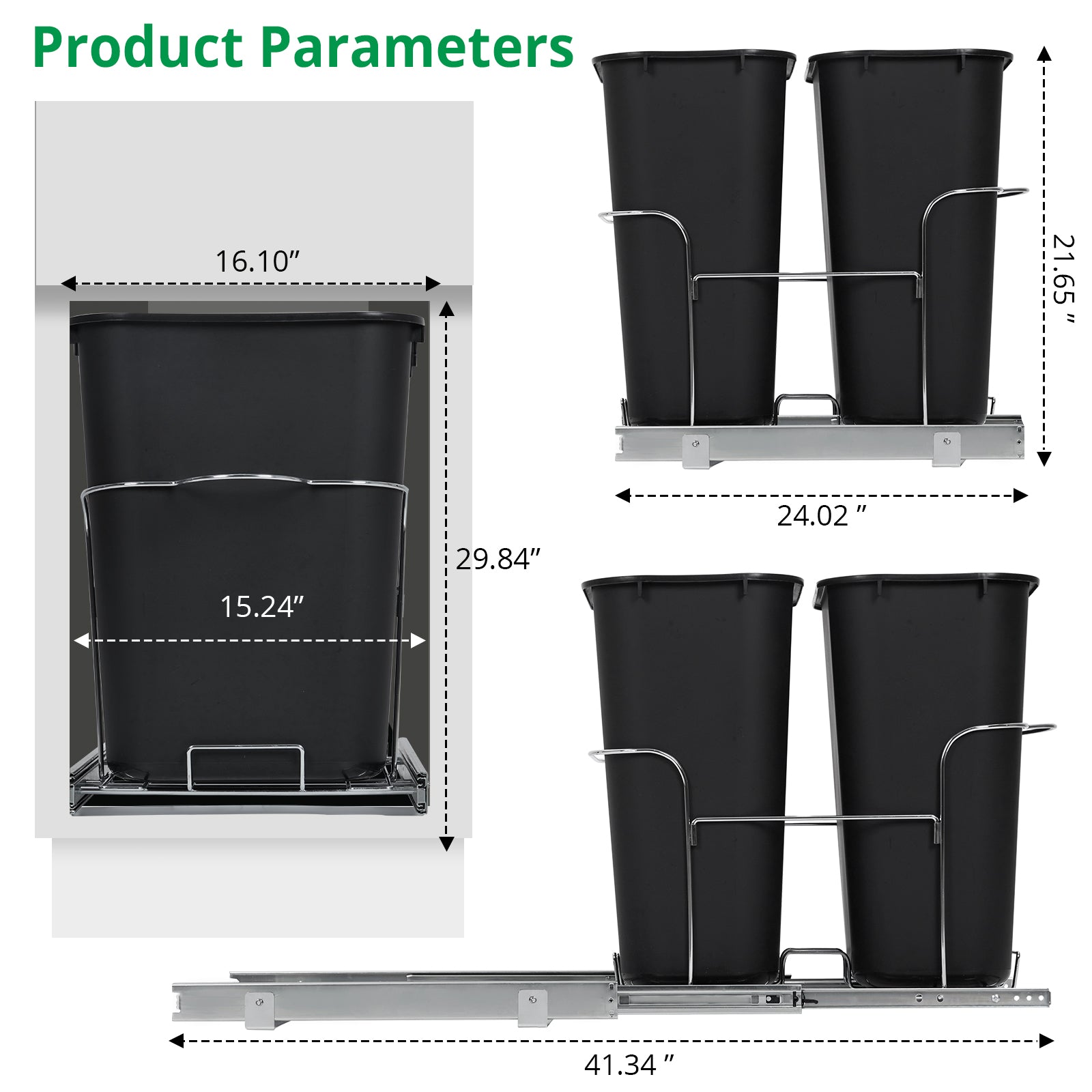Garvee 2×35QT Garbage Waste Recyling Bin with Full Extension Slides, Space-Saving Design, Eco-Friendly Waste Management, Multi-Purpose Bins, Pullout Trash Can for Under Kitchen Cabinets, Black