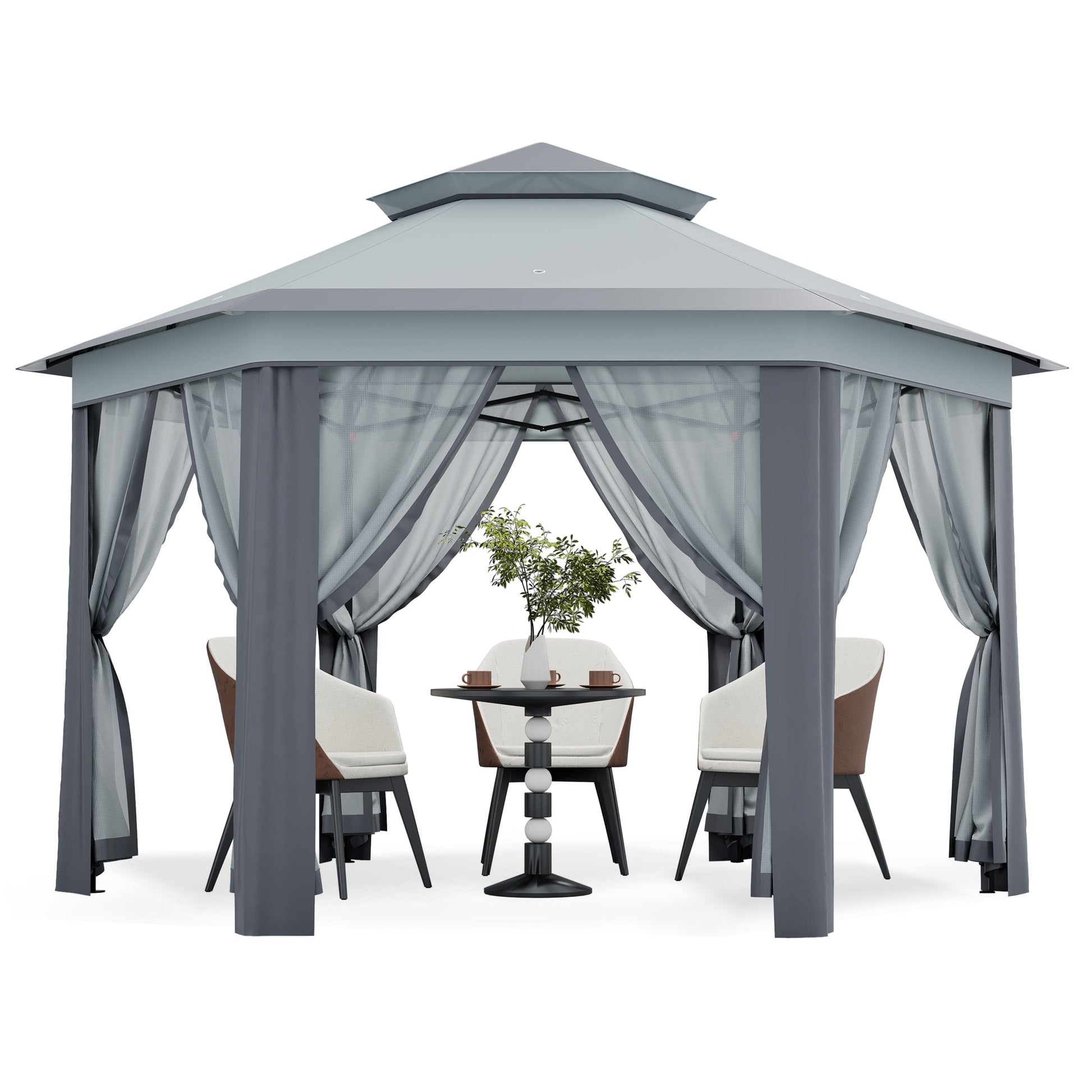 Garvee 13'x13' Hexagonal Pop-Up Gazebo Tent with Mosquito Netting - 6-Sided Instant Outdoor Canopy, Sun Shelter Pavilion for Patio, Light Grey & Dark Grey