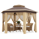 Garvee 13'x13' Hexagonal Pop-Up Gazebo Tent with Mosquito Netting - 6-Sided Instant Outdoor Canopy, Sun Shelter Pavilion for Patio, Khaki & Beige - Khaki + Beige