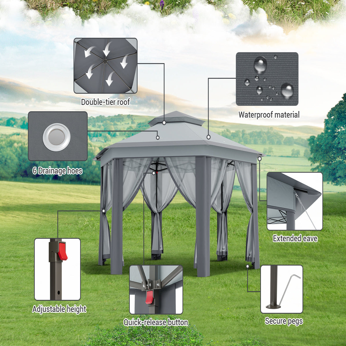 Garvee 13'x13' Hexagonal Pop-Up Gazebo Tent with Mosquito Netting - 6-Sided Instant Outdoor Canopy, Sun Shelter Pavilion for Patio, Light Grey & Dark Grey