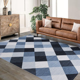 Garvee Geometric Blue Checkered 9x12 Runner Rug, Non Slip Washable Low Pile Carpet for Hallway, Entryway, Laundry Room Indoor - Navy Blue