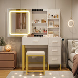 Garvee White Vanity Desk with Mirror and Lights, Makeup Vanity Desk with Sliding LED Lighted Mirror, Power Outlet, Makeup Vanity Set with 4 Drawers, Storage Shelves, Cushioned Stool for Bedroom - White