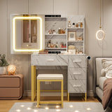 Garvee Vanity Desk with Mirror and Lights, Makeup Vanity Desk with Sliding LED Lighted Mirror, Power Outlet, Makeup Vanity Set with 4 Drawers, Storage Shelves, Cushioned Stool for Bedroom, Marble White - Imitation Marble