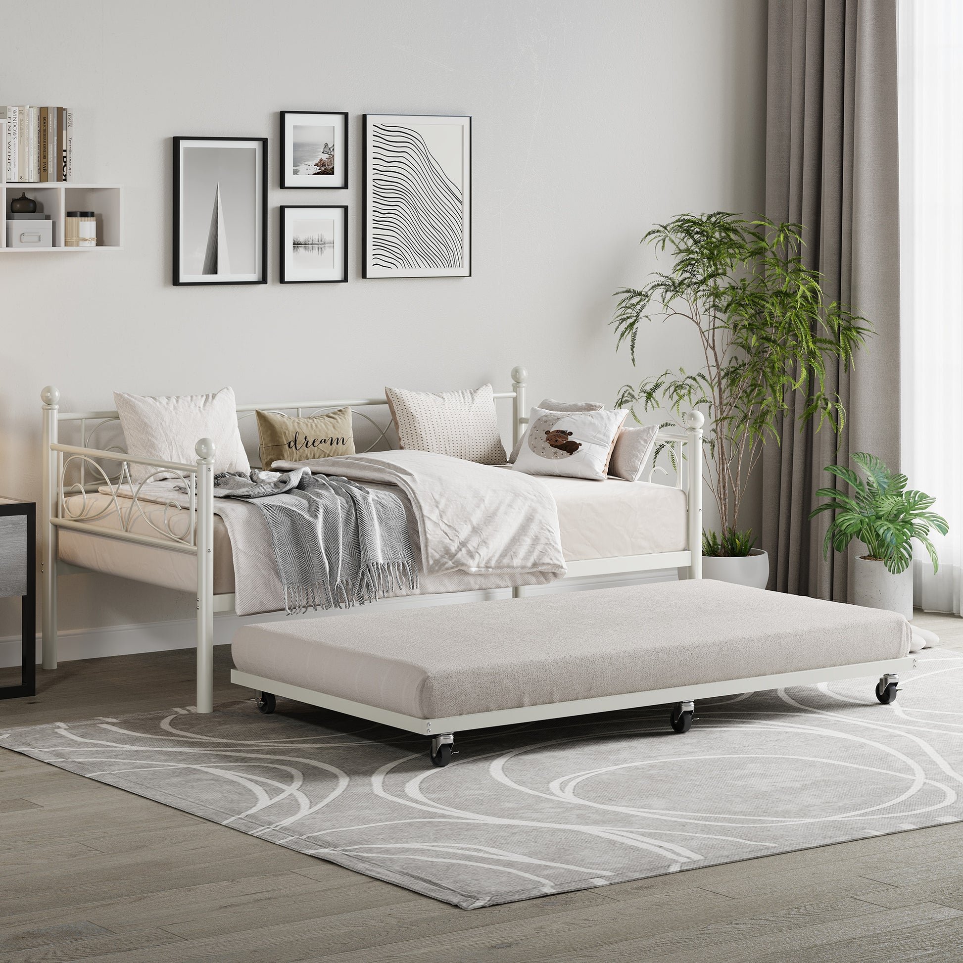 Garvee Heavy Duty Twin Daybed with Trundle, Metal Sofa Single Bed Frame with Slats & Headboard, No Box Spring Needed, Multifunctional Platform Bed for Bedroom, Guest Room, White