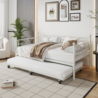 Garvee Heavy Duty Twin Daybed with Trundle, Metal Sofa Single Bed Frame with Slats & Headboard, No Box Spring Needed, Multifunctional Platform Bed for Bedroom, Guest Room, White