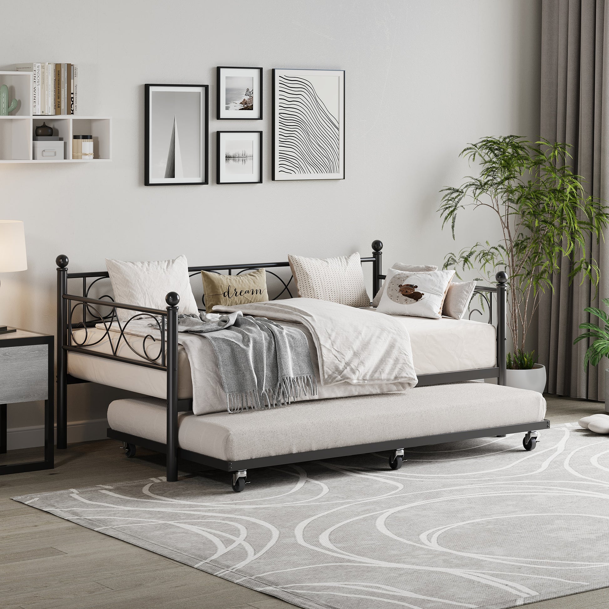 Garvee Twin Daybed with Trundle, Metal Sofa Single Bed Frame with Heavy Duty Metal Slats & Headboard, No Box Spring Needed, Multifunctional Platform Bed for Bedroom, Guest Room, Black