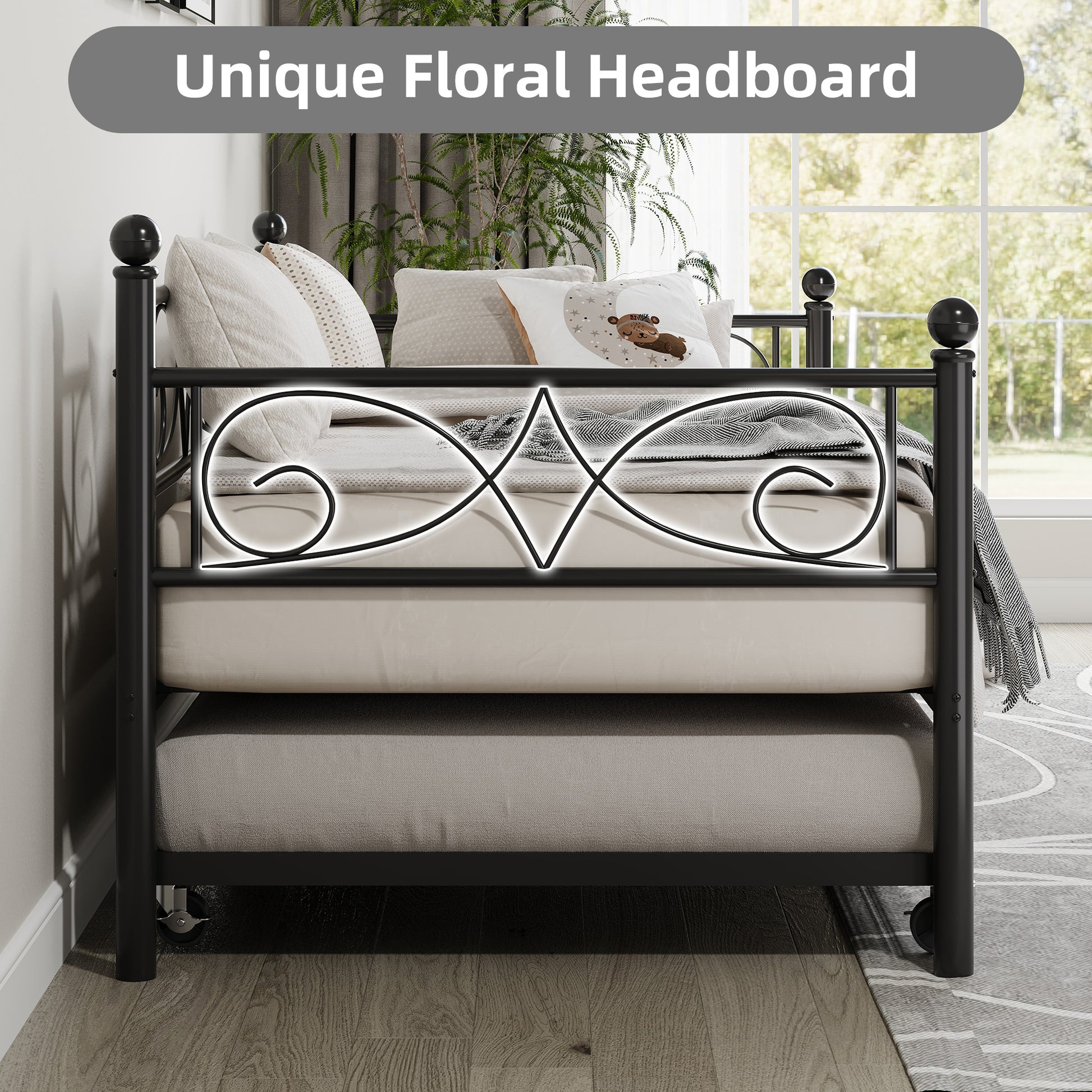 Garvee Twin Daybed with Trundle, Metal Sofa Single Bed Frame with Heavy Duty Metal Slats & Headboard, No Box Spring Needed, Multifunctional Platform Bed for Bedroom, Guest Room, Black