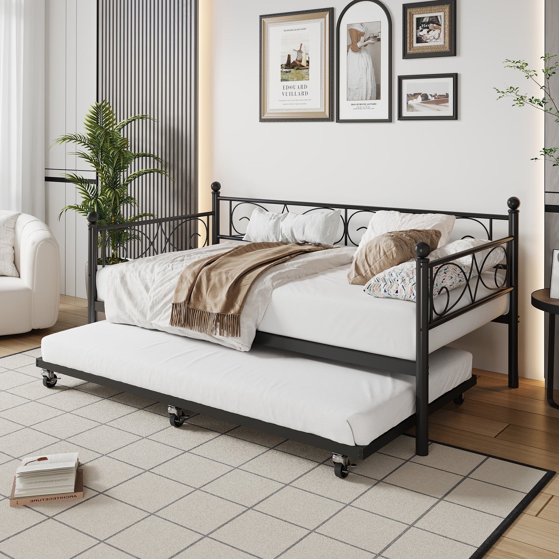Garvee Twin Daybed with Trundle, Metal Sofa Single Bed Frame with Heavy Duty Metal Slats & Headboard, No Box Spring Needed, Multifunctional Platform Bed for Bedroom, Guest Room, Black