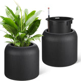 Garvee 14 Inch Tall Round Planters Set of 2, Self Watering Flower Pots with Water Level Monitor and 2 Trays, for Living Room, Bedroom Office, Patio, Porch, Garden - Black