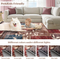 Garvee Modern Floral Red/Brown 5x7 Rug Geometric Rug Machine Washable Non-Slip Carpets for Living Room Bedroom Kitchen Dining Room, Low-Pile Non-Shedding Floor Carpet
