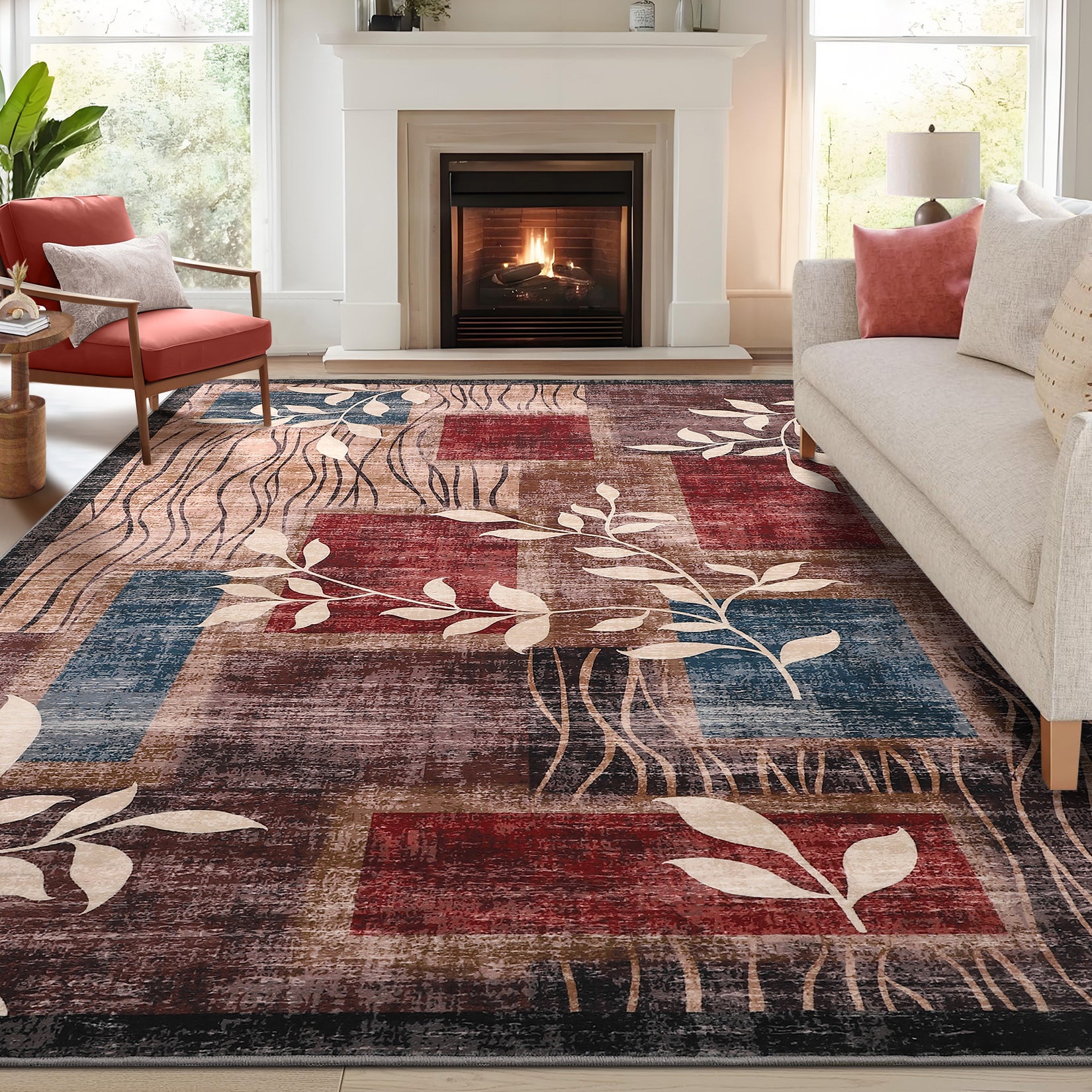 Garvee Modern Floral Red/Brown 5x7 Rug Geometric Rug Machine Washable Non-Slip Carpets for Living Room Bedroom Kitchen Dining Room, Low-Pile Non-Shedding Floor Carpet