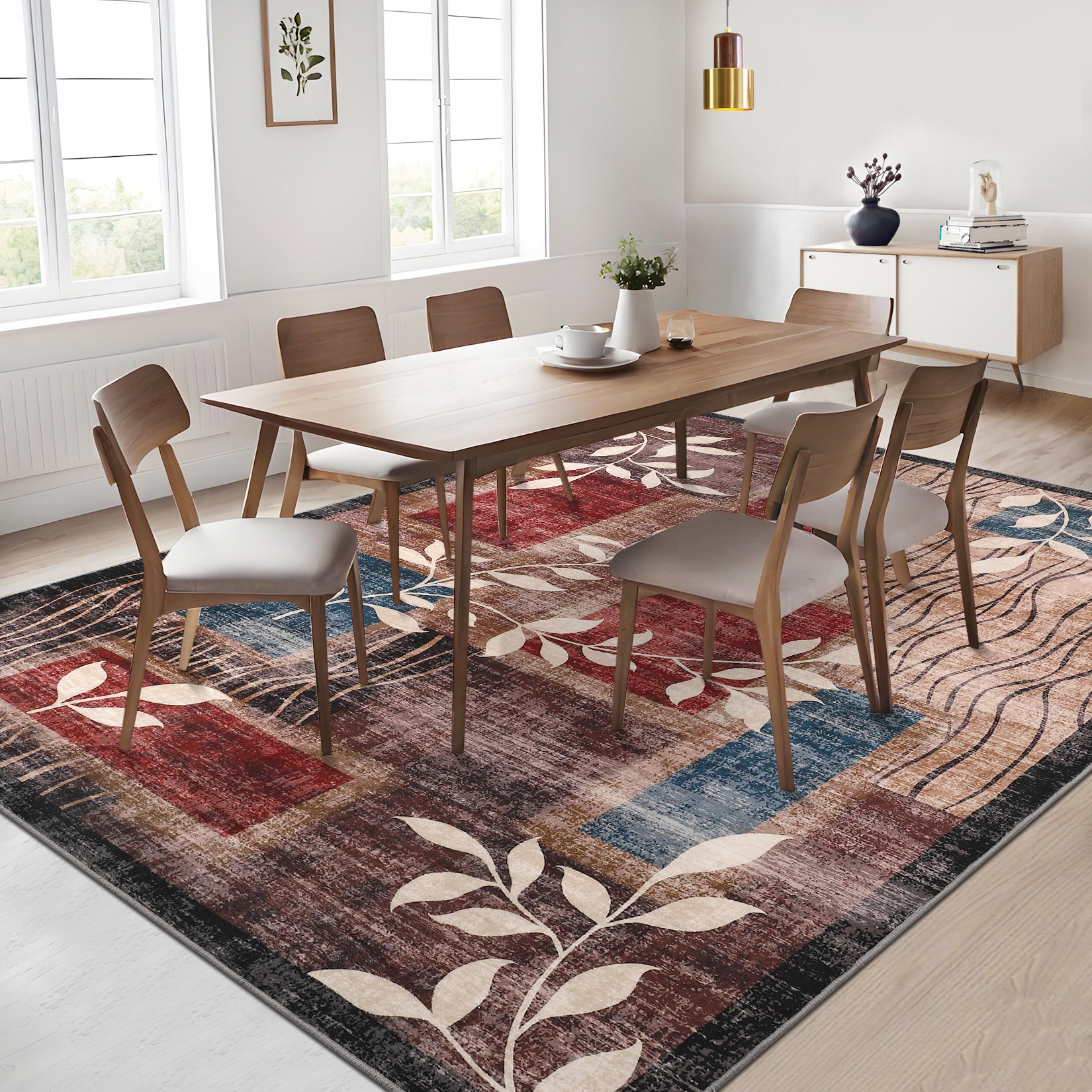 Garvee Modern Floral Red/Brown 5x7 Rug Geometric Rug Machine Washable Non-Slip Carpets for Living Room Bedroom Kitchen Dining Room, Low-Pile Non-Shedding Floor Carpet