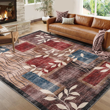 Garvee Modern Floral Red/Brown 5x7 Rug Geometric Rug Machine Washable Non-Slip Carpets for Living Room Bedroom Kitchen Dining Room, Low-Pile Non-Shedding Floor Carpet