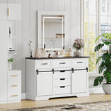 Garvee 6 Drawers Dresser with Mirror for Bedroom, Makeup Vanity with Light Mirror, Farmhouse Modern Dressers, Chest of Drawers with Sliding Barn Doors for Bedroom, Living Room - Brown + White