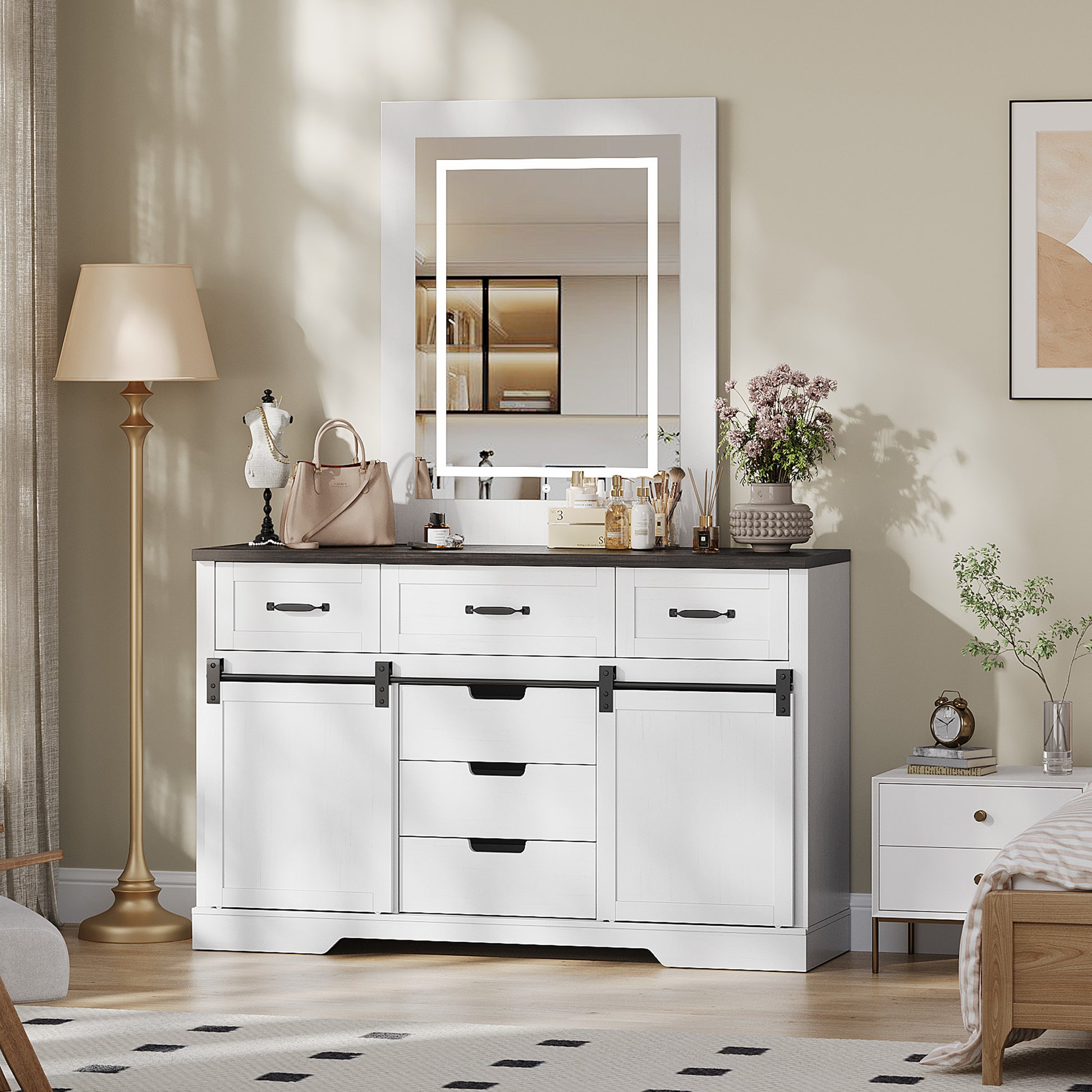 Garvee 6 Drawers Dresser with Mirror for Bedroom, Makeup Vanity with Light Mirror, Farmhouse Modern Dressers, Chest of Drawers with Sliding Barn Doors for Bedroom, Living Room