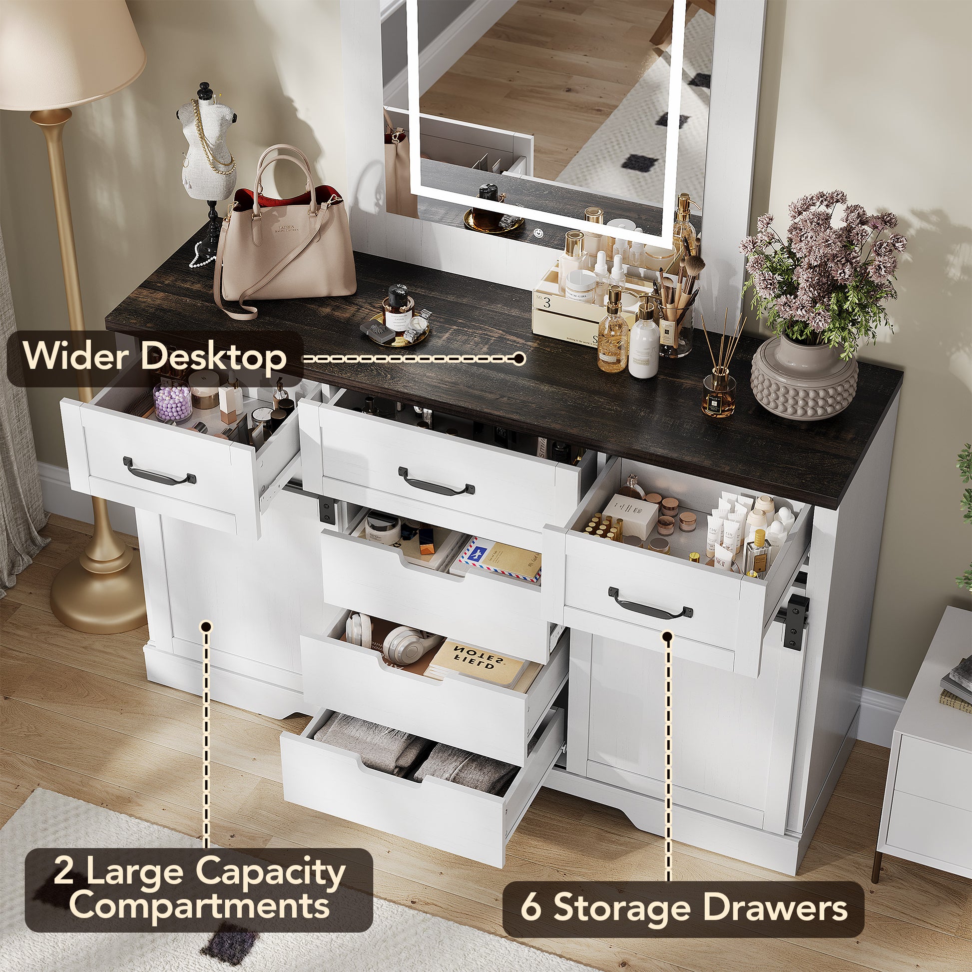 Garvee 6 Drawers Dresser with Mirror for Bedroom, Makeup Vanity with Light Mirror, Farmhouse Modern Dressers, Chest of Drawers with Sliding Barn Doors for Bedroom, Living Room