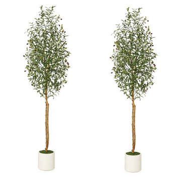 Garvee 7ft Tall Faux Silk Plant White Planter, Fake Olive Trees with Natural Wood Trunk and Green Fake Moss for Home Office Decor, 2 PCS