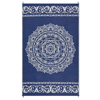 Garvee Outdoor Navy & White 9x18 Large Rug, Medallion Waterproof Reversible Plastic Straw Camping Mat with Stakes Portable for Patio Beach RV