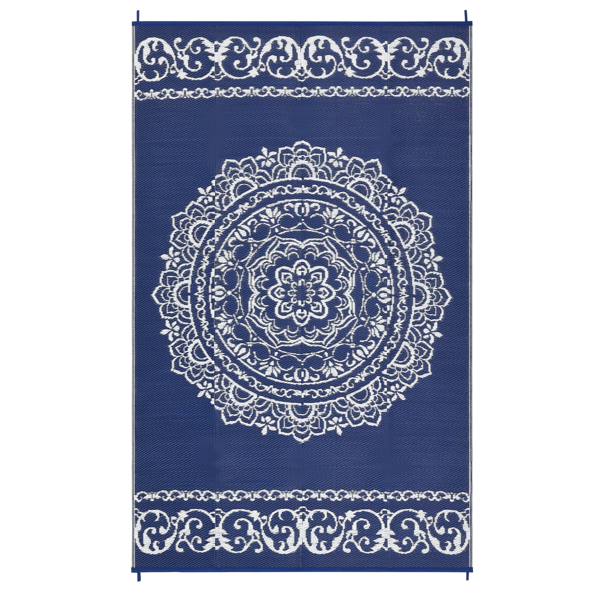 Garvee Outdoor Navy & White 9x18 Large Rug, Medallion Waterproof Reversible Plastic Straw Camping Mat with Stakes Portable for Patio Beach RV