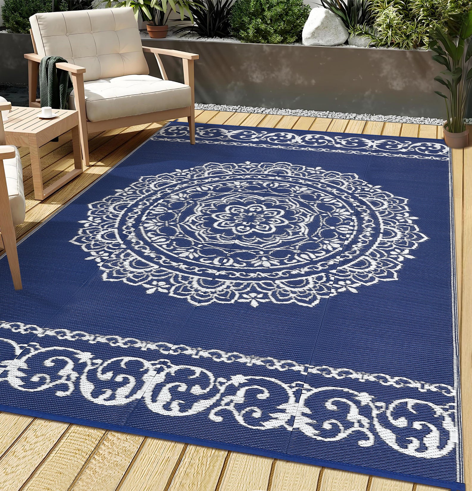 Garvee Outdoor Navy & White 9x18 Large Rug, Medallion Waterproof Reversible Plastic Straw Camping Mat with Stakes Portable for Patio Beach RV