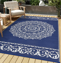 Garvee Outdoor Navy & White 9x18 Large Rug, Medallion Waterproof Reversible Plastic Straw Camping Mat with Stakes Portable for Patio Beach RV