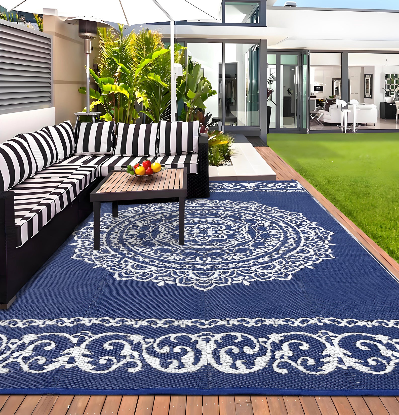 Garvee Outdoor Navy & White 9x18 Large Rug, Medallion Waterproof Reversible Plastic Straw Camping Mat with Stakes Portable for Patio Beach RV