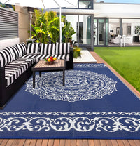 Garvee Outdoor Navy & White 9x18 Large Rug, Medallion Waterproof Reversible Plastic Straw Camping Mat with Stakes Portable for Patio Beach RV