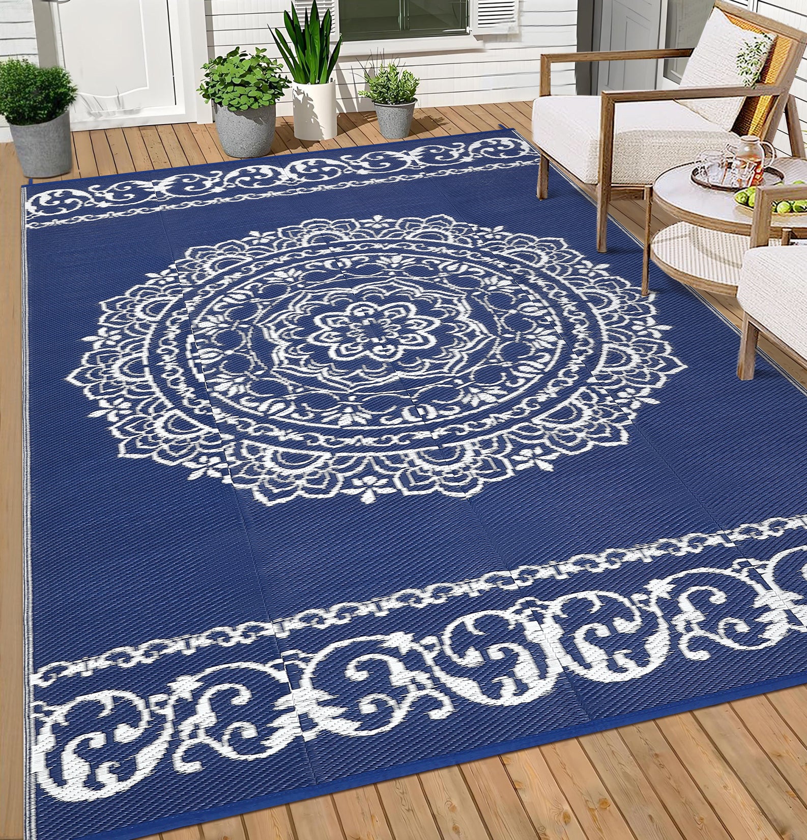 Garvee Outdoor Navy & White 9x18 Large Rug, Medallion Waterproof Reversible Plastic Straw Camping Mat with Stakes Portable for Patio Beach RV