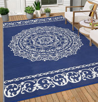 Garvee Outdoor Navy & White 9x18 Large Rug, Medallion Waterproof Reversible Plastic Straw Camping Mat with Stakes Portable for Patio Beach RV