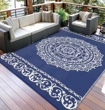Garvee Outdoor Navy & White 9x18 Large Rug, Medallion Waterproof Reversible Plastic Straw Camping Mat with Stakes Portable for Patio Beach RV