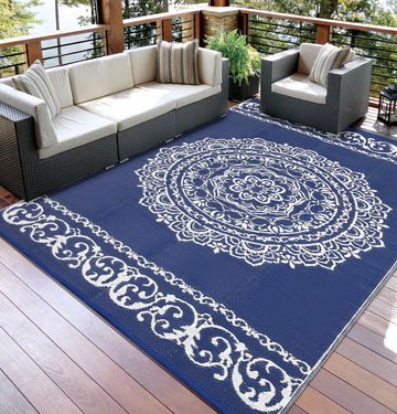 Garvee Outdoor Navy & White 9x18 Large Rug, Medallion Waterproof Reversible Plastic Straw Camping Mat with Stakes Portable for Patio Beach RV