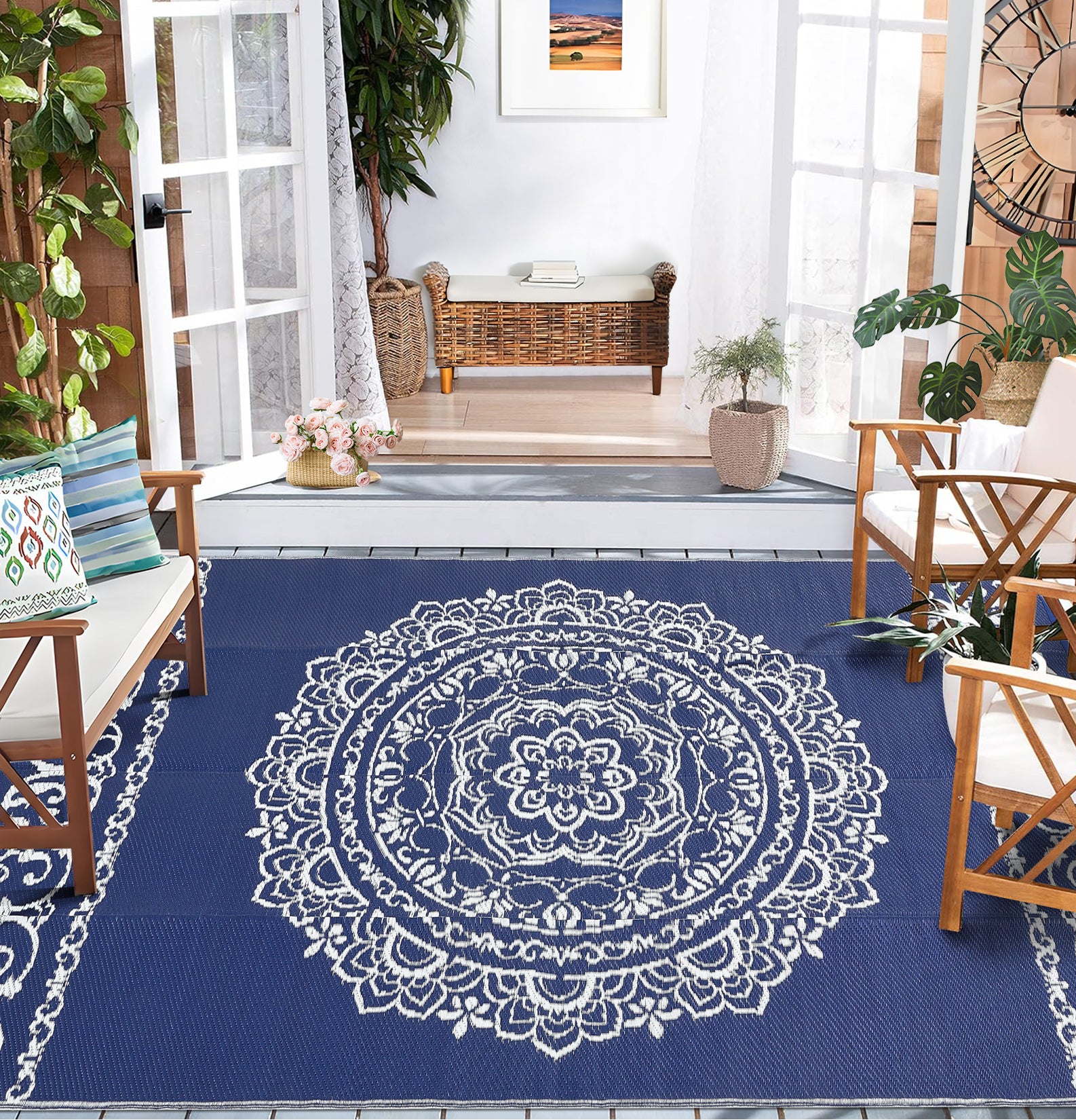 Garvee Outdoor Navy & White 9x18 Large Rug, Medallion Waterproof Reversible Plastic Straw Camping Mat with Stakes Portable for Patio Beach RV