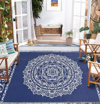 Garvee Outdoor Navy & White 9x18 Large Rug, Medallion Waterproof Reversible Plastic Straw Camping Mat with Stakes Portable for Patio Beach RV