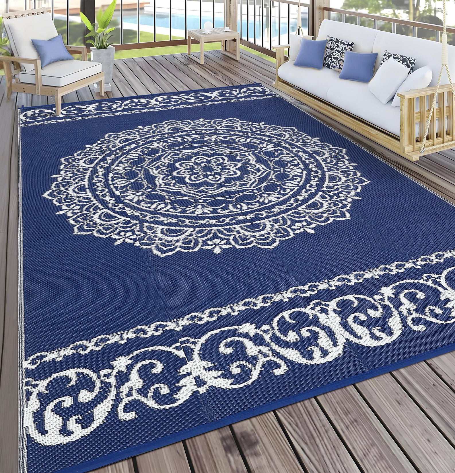 Garvee Outdoor Navy & White 9x18 Large Rug, Medallion Waterproof Reversible Plastic Straw Camping Mat with Stakes Portable for Patio Beach RV