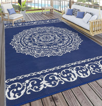 Garvee Outdoor Navy & White 9x18 Large Rug, Medallion Waterproof Reversible Plastic Straw Camping Mat with Stakes Portable for Patio Beach RV