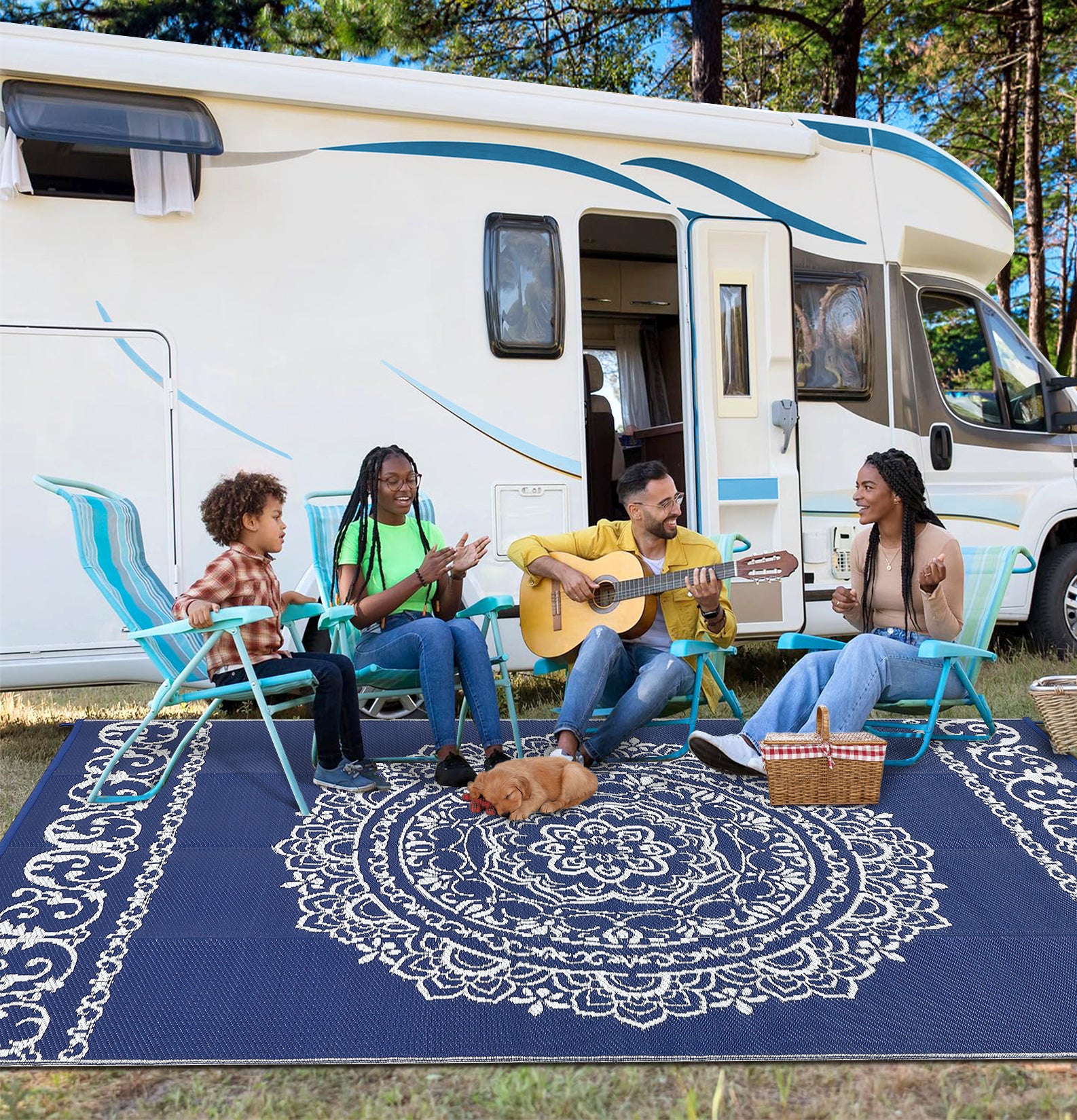 Garvee Outdoor Navy & White 9x18 Large Rug, Medallion Waterproof Reversible Plastic Straw Camping Mat with Stakes Portable for Patio Beach RV