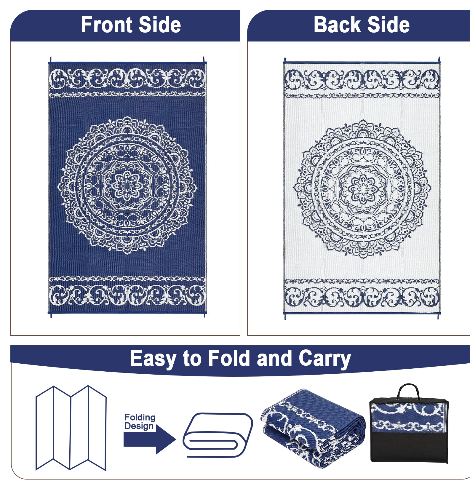 Garvee Outdoor Navy & White 9x18 Large Rug, Medallion Waterproof Reversible Plastic Straw Camping Mat with Stakes Portable for Patio Beach RV
