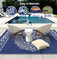 Garvee Outdoor Navy & White 9x18 Large Rug, Medallion Waterproof Reversible Plastic Straw Camping Mat with Stakes Portable for Patio Beach RV